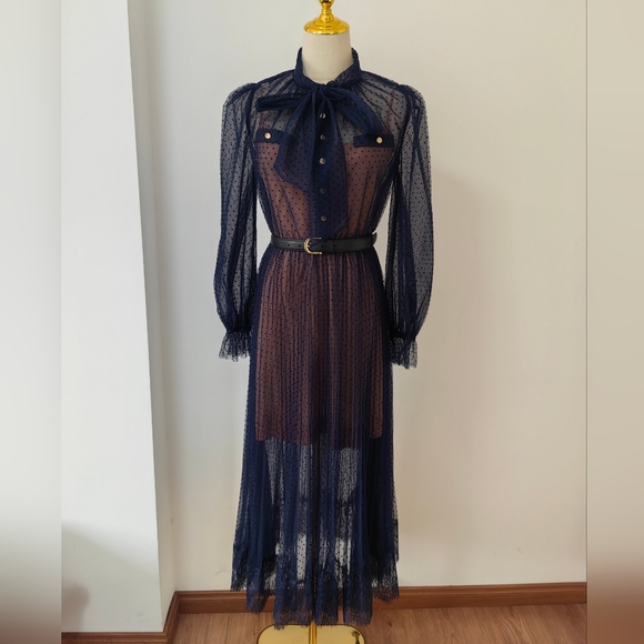 ワンピース self-portrait DotMeshGathered Midi Dress Self Portrait Dot Mesh Midi Dress in Navy – Suite 201